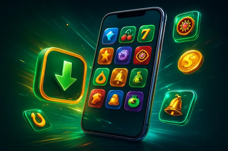 Glossy smartphone casino app banner with neon download icon and glowing tiles