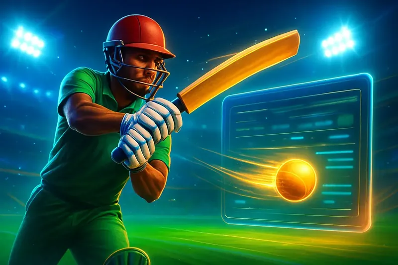Cricket batter striking ball under stadium lights in dynamic sportsbook banner