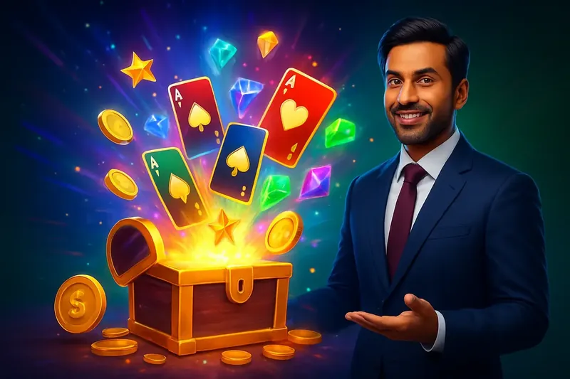 Reward Chest Burst Glowing reward chest with cards, coins, gems, and stars bursting out