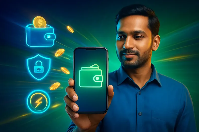 Hand holding smartphone with secure mobile wallet, coins, and speed effects