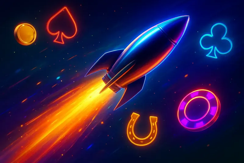 Glossy rocket launch casino banner with neon trail and game particles