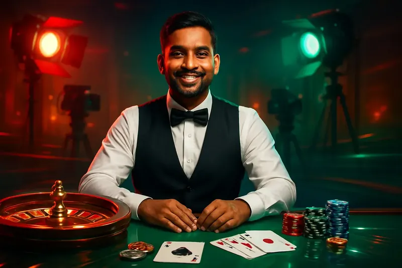Friendly professional live dealer with roulette, cards, chips, and studio lights
