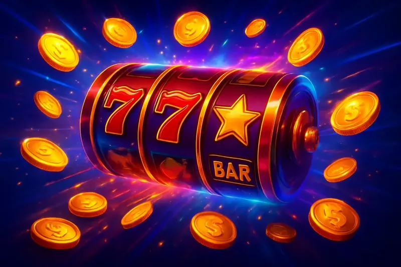 Colorful spinning slot machine with coins, sparkles, and neon casino glow
